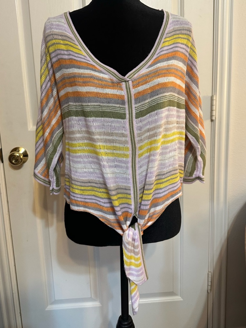 Wit & Wisdom Striped Lightweight Knit Tie Front Top Size Small Rayon V Neck - Picture 3 of 15